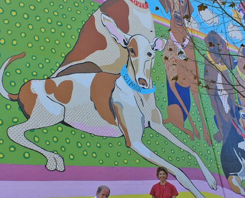 A man and woman pose with their greyhounds under the painted greyhounds on the Kellogg Park Dog Field mural by Artworks