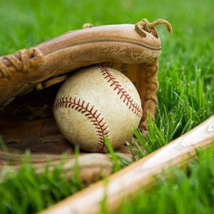 Community baseball baseball glove with ball and bat on the grass