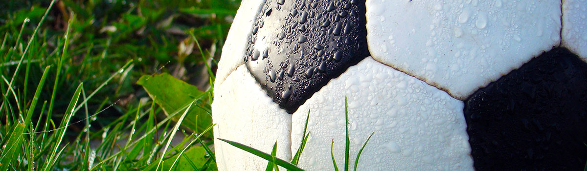 close up of soccer ball with dew on it
