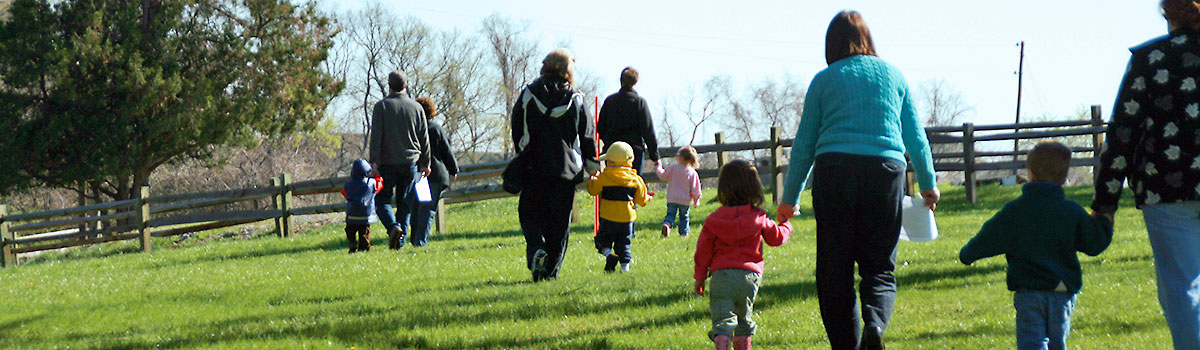 Group of parents and toddlers on a walk to explore Johnson Hills Park together