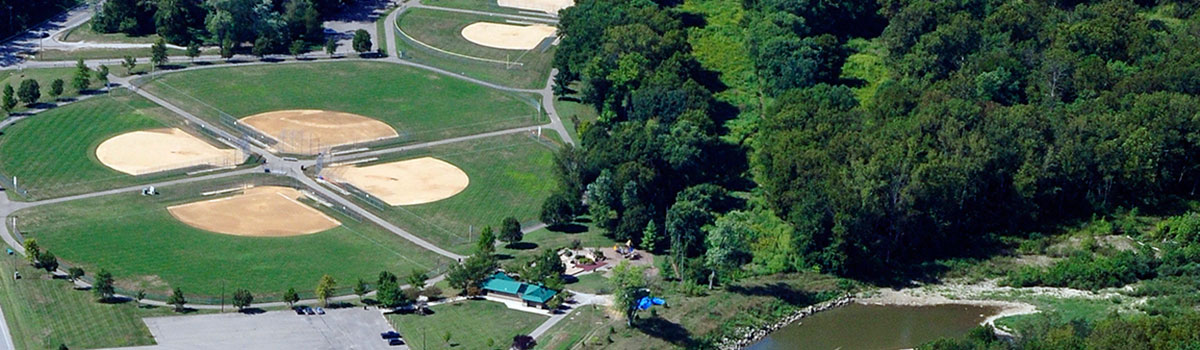 Riverside Park aerial of ball diamonds, riverbank, park