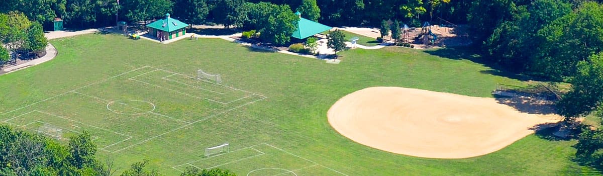 Veterans Park aerial of shelter, playground, fields, ball diamond and restrooms