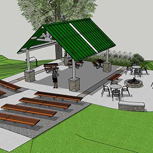 OutdoorClassroomConcept Illustrated concept of outdoor classroom with benches facing a covered shelter.