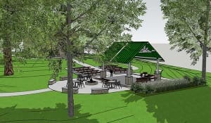 Illustrated concept of outdoor classroom with benches facing a covered shelter, with smaller tables and chairs to the side.