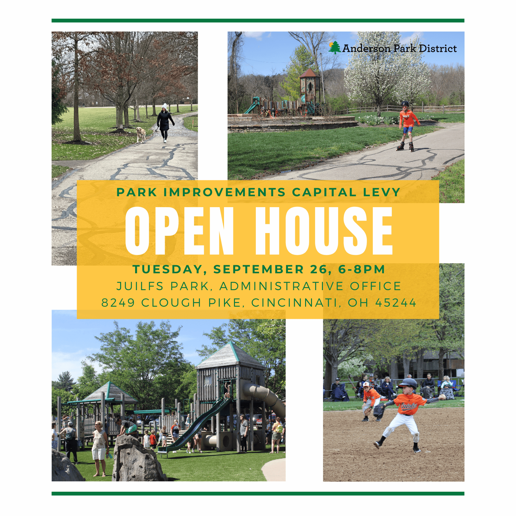 Park Improvements Levy Open House - Tuesday September 26, 2023 from 6-8 PM at Julifs Park Admin Office